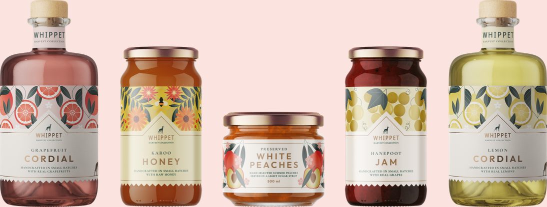 The Whippet Harvest Collection: grapefruit cordial, Karoo honey, preserved white peaches, hanepoot jam and lemon cordial